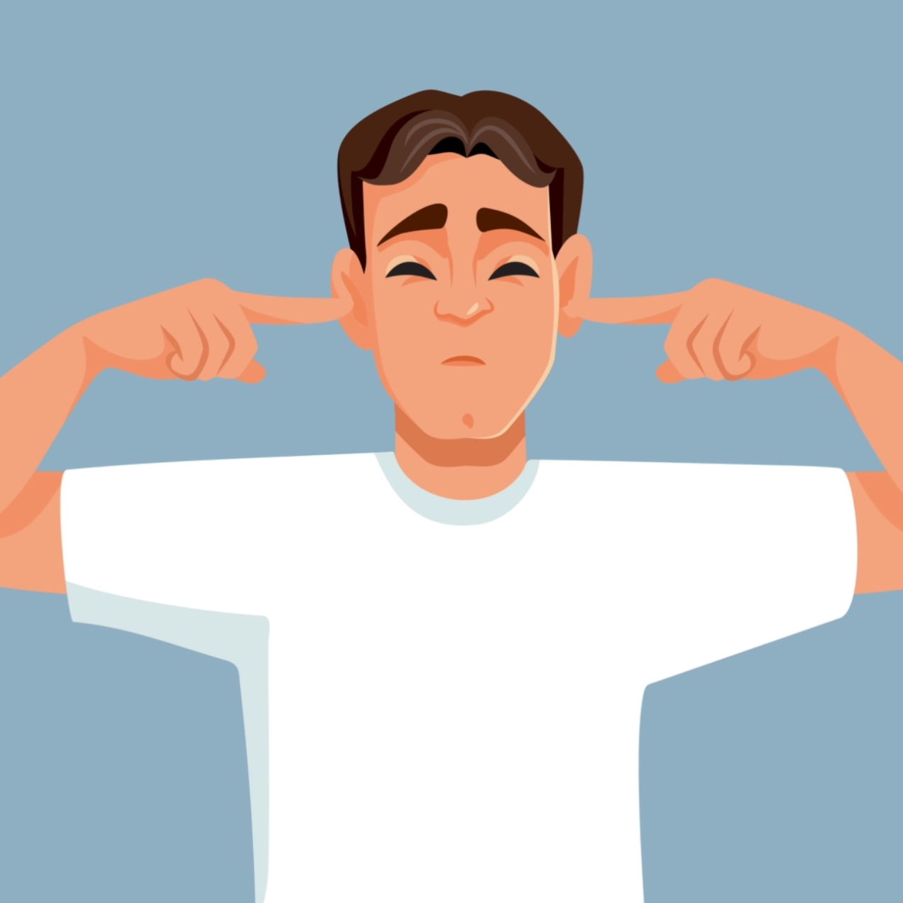 Illustration of a man with dark hair in a white t-shirt holding his fingers in his ears
